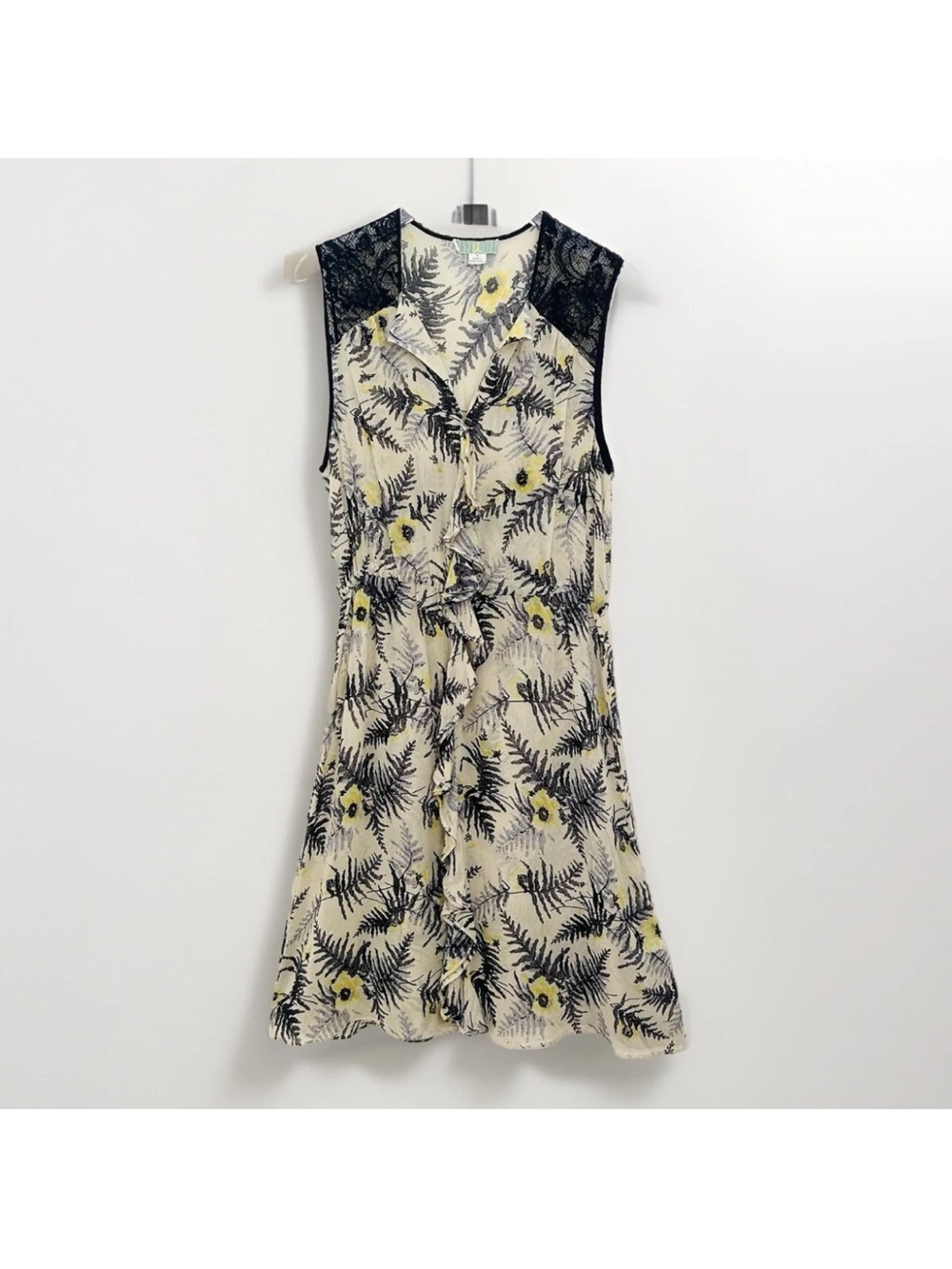 Anthropologie Lil 100% Silk Dress Fronds Black Lace Butter Yellow Size 6